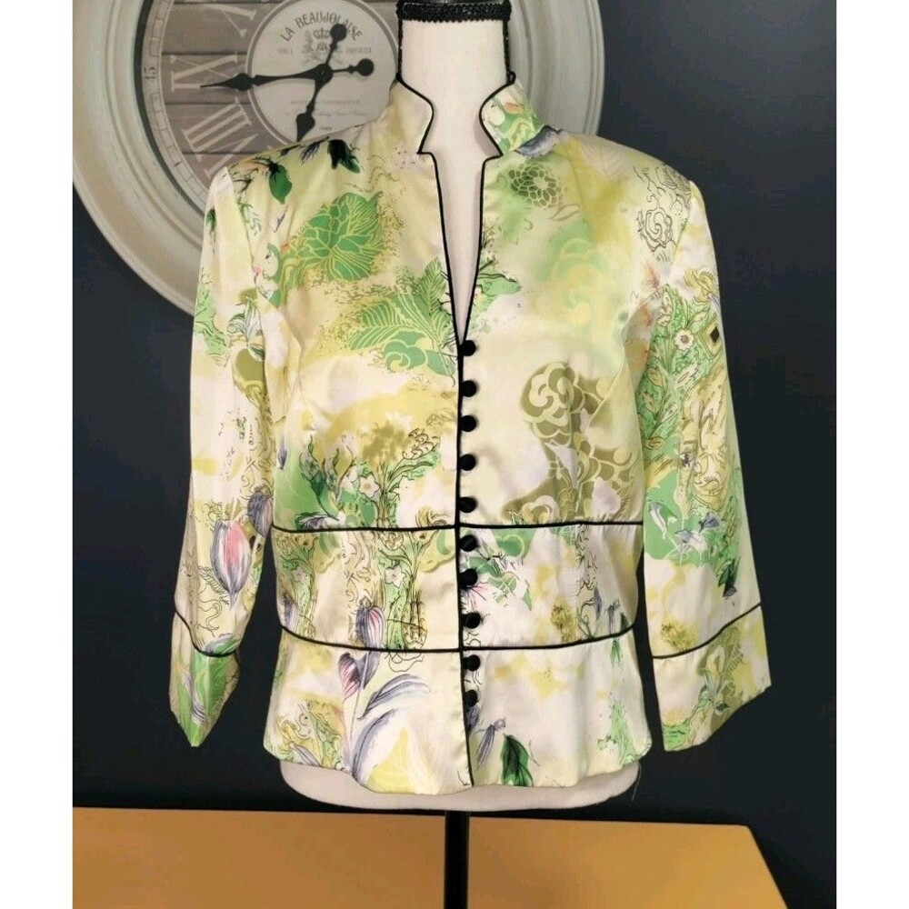 JS Collections 100% Silk Jacket Size 12 Asian Inspired Print Multicolor EUC